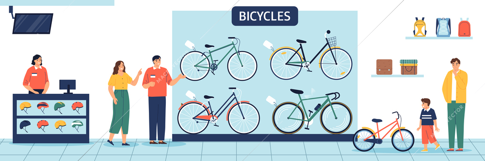 Bicycles and accessories store interior with dealer consultant and buyers choosing model of modern bike flat composition vector illustration