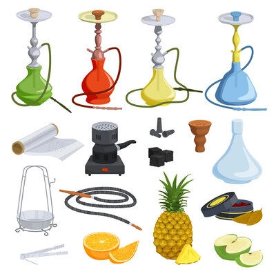 Hookah flat set of hose bowls mouth tips coal charcoal burner tongs shafts foil icons isolated vector illustration