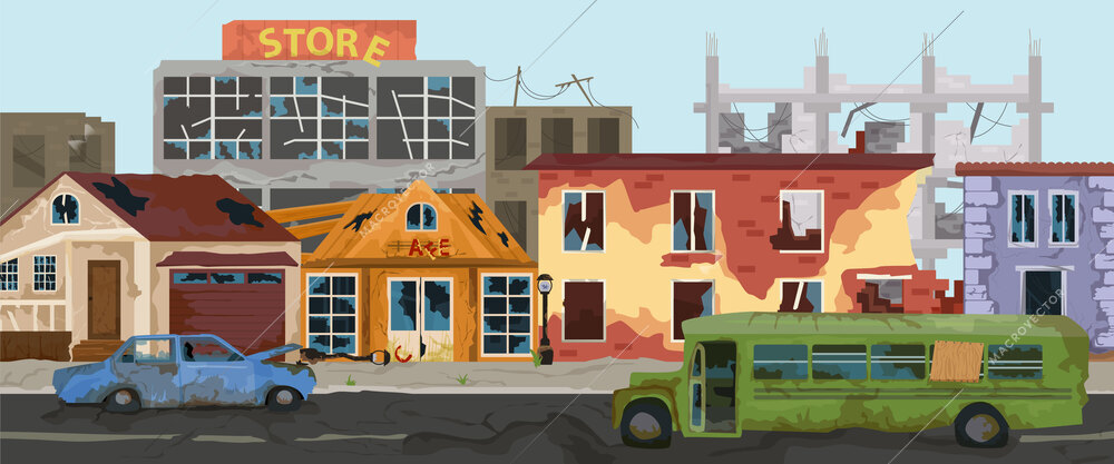 Post apocalypse flat vector illustration of town with destroyed  houses and broken transport