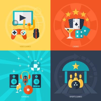 Entertainment design concept set with video games casino karaoke sport flat icons isolated vector illustration