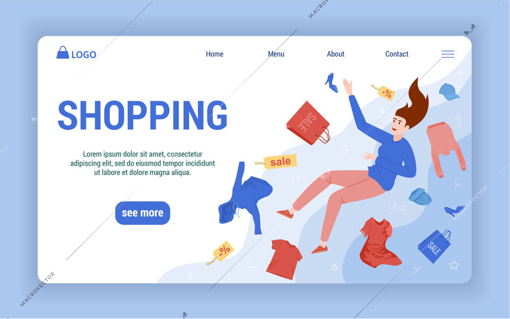 Shopping flat landing page decorated with falling people and elements of clothes shoes and accessories vector illustration