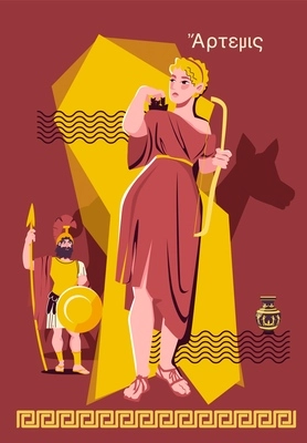 Olympian gods flat collage poster beautiful woman goddess poses in a brown and red outfit behind her stands a greek soldier in a military uniform vector illustration