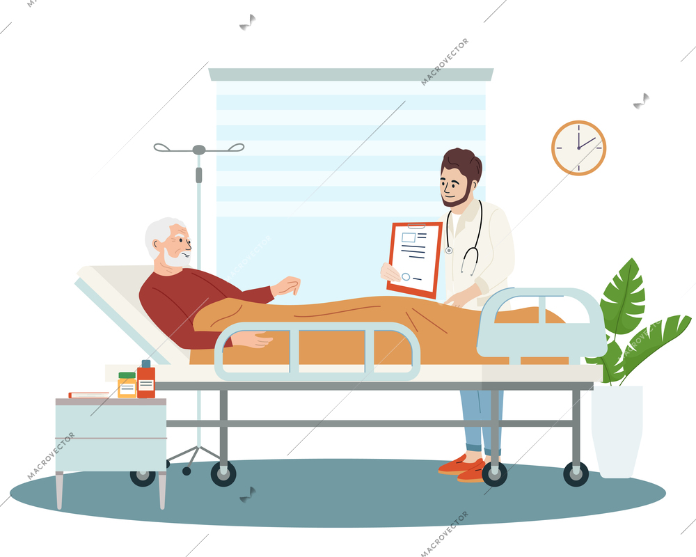 Heart attack symptoms flat composition with view of hospital ward with rehabilitating patient and mindful doctor vector illustration