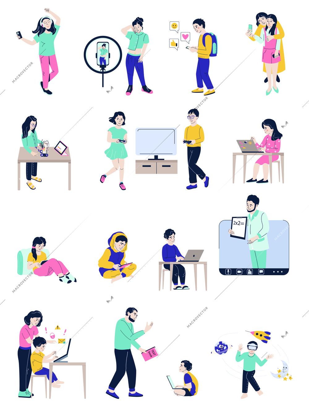 Children gadget addiction set with flat isolated icons of kids using smartphones computers on blank background vector illustration