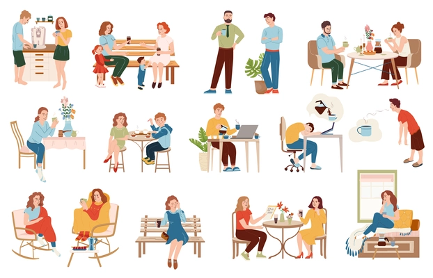 Coffee people flat set of isolated compositions with human characters drinking in various situations with furnishing vector illustration