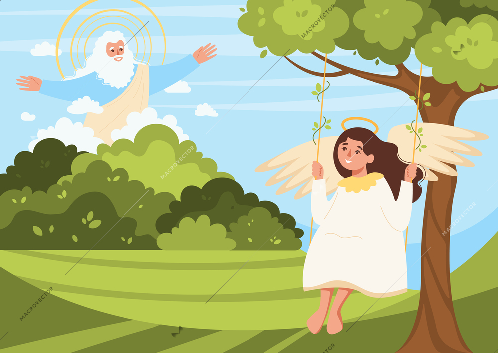 Paradise bible flat composition with outdoor view of angel on swing and god character in heaven vector illustration