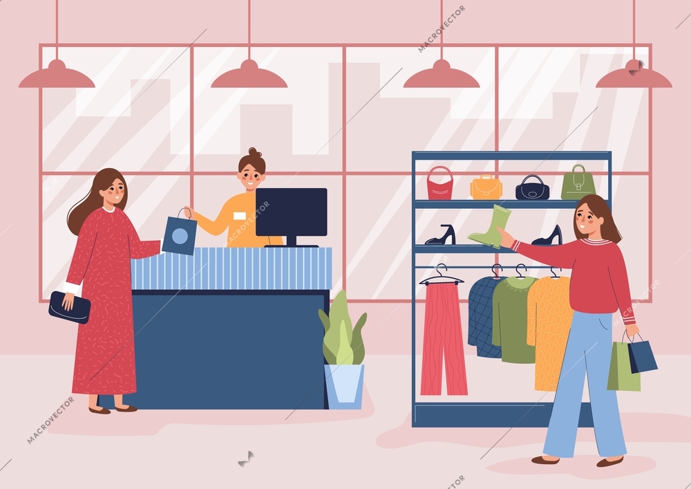 Shopping people flat composition with indoor view of clothing store with checkout cashier and female visitors vector illustration