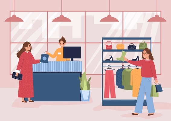 Shopping people flat composition with indoor view of clothing store with checkout cashier and female visitors vector illustration