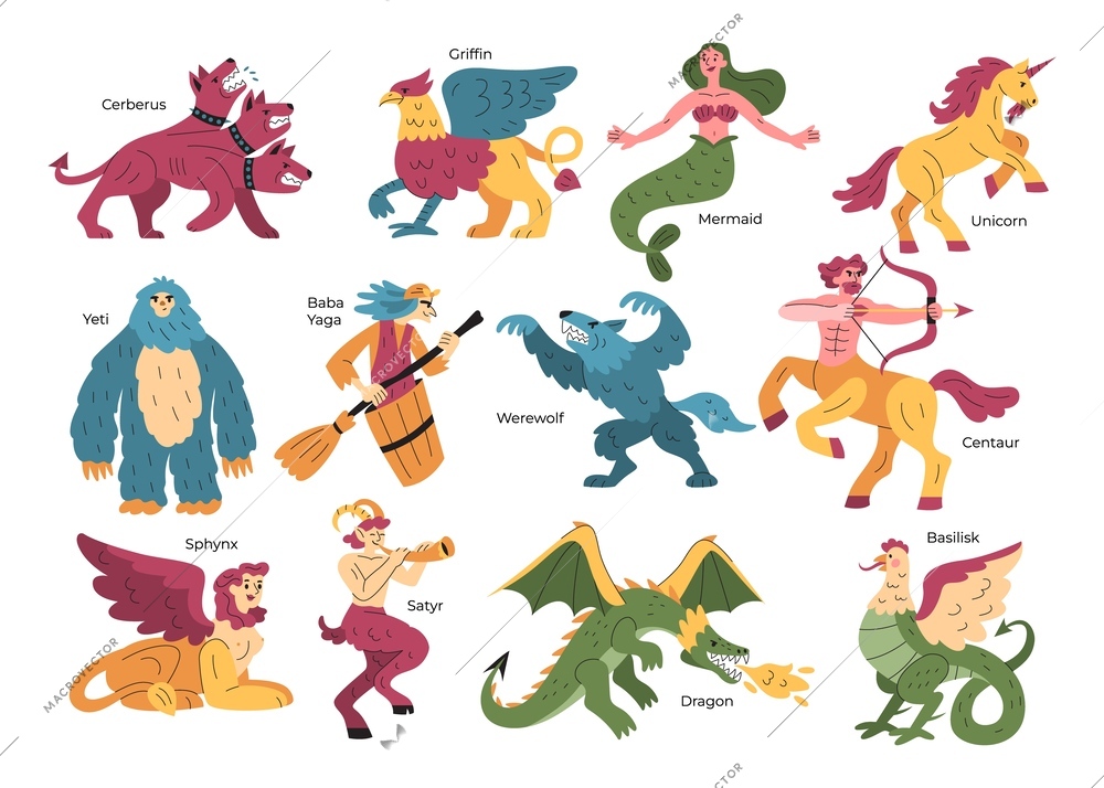 Mythical creatures flat set of isolated icons with fairy tale characters with text on blank background vector illustration
