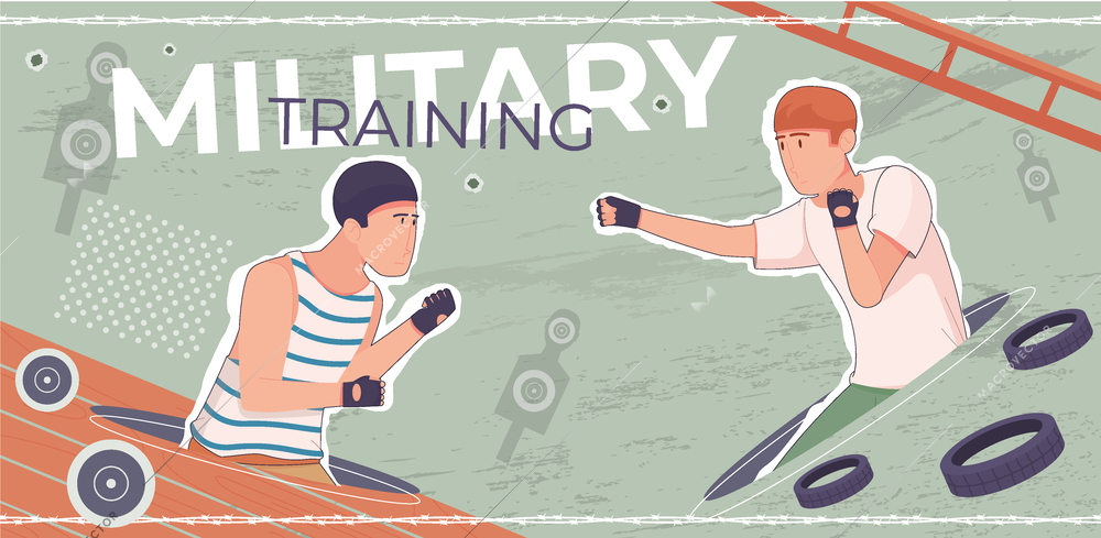 Military training flat composition with collage of fighting men with editable text and target card silhouettes vector illustration