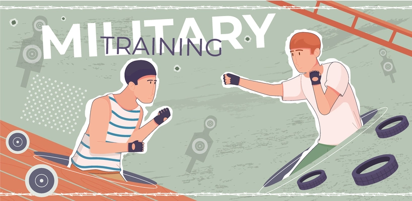 Military training flat composition with collage of fighting men with editable text and target card silhouettes vector illustration