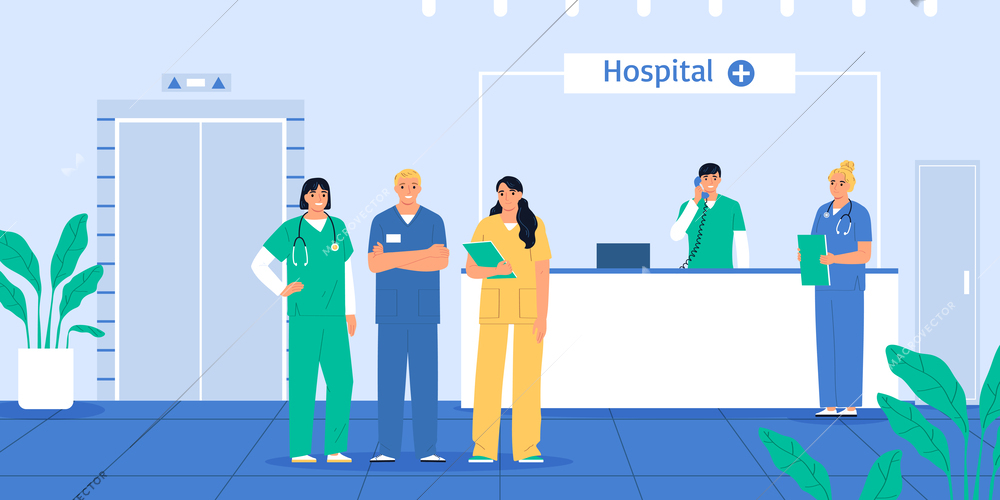 Nurses flat composition with medical staff on hospital reception vector illustration