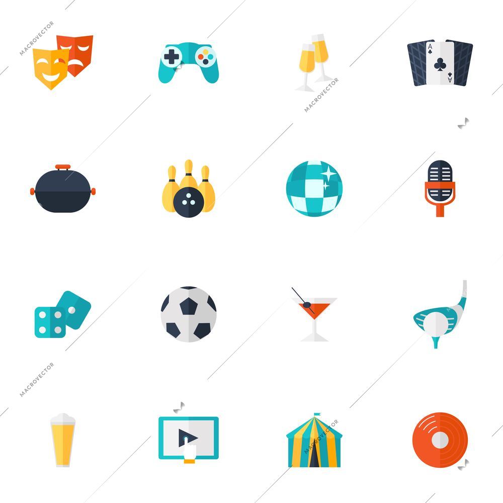 Entertainment icons flat set with theatre sport movies party symbols isolated vector illustration