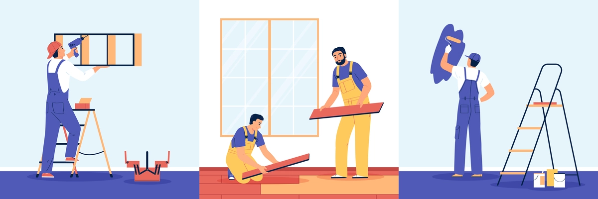 Home renovation flat set with contractor workers doing indoor maintenance vector illustration