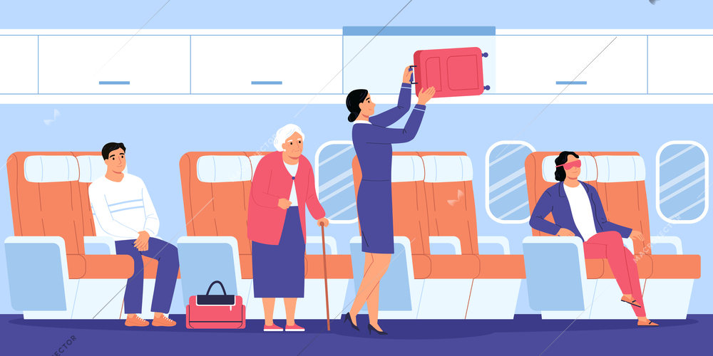 Airplane interior flat concept with stewardess and passengers vector illustration