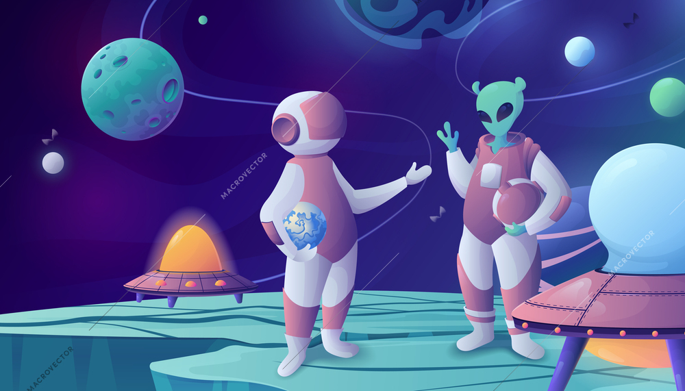 Space cartoon composition with neon glowing view of extraterrestrial terrain with characters of spaceman and alien vector illustration