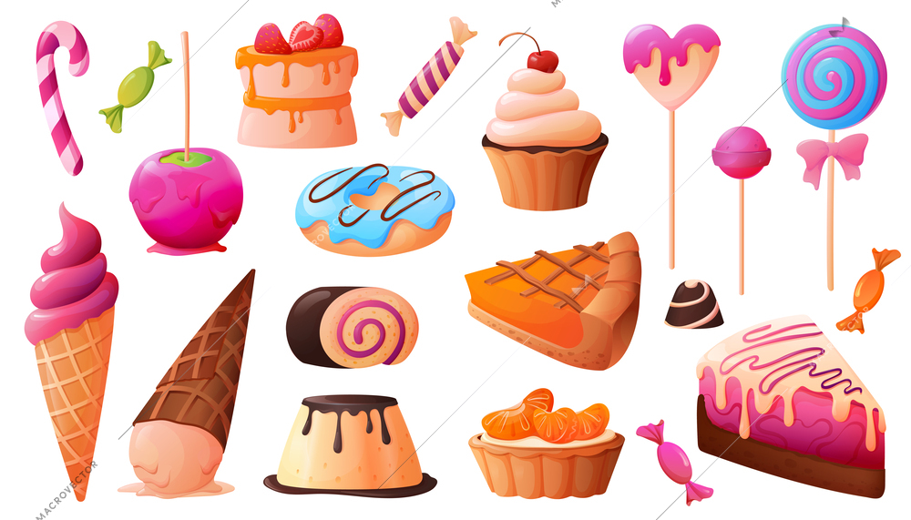 Candy sweets set of isolated cartoon style icons of confectionery products cakes lollipops donuts and candies vector illustration