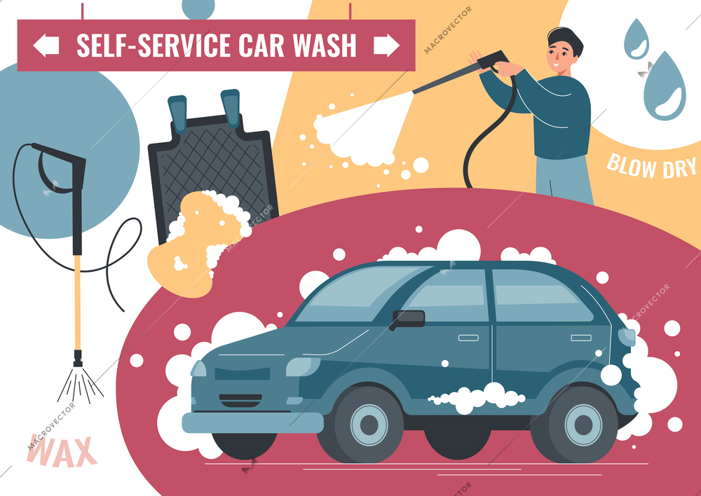 Self service car wash flat composition with collage of editable text car in foam and tools vector illustration