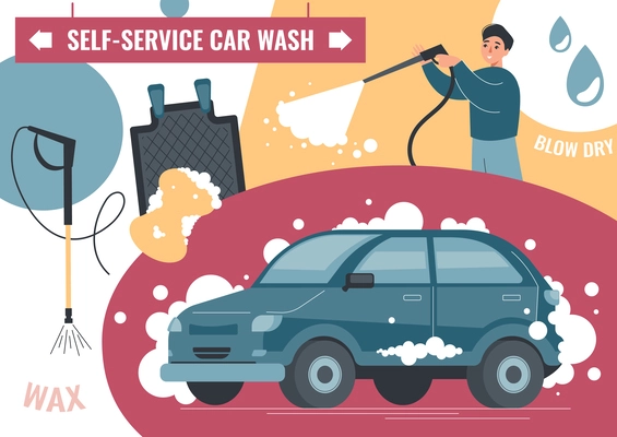 Self service car wash flat composition with collage of editable text car in foam and tools vector illustration