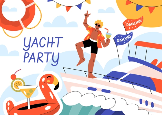 Yacht party composition with collage of flat sailing boat images decorations dancing guy and editable text vector illustration