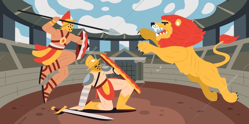 Gladiator fights flat composition with outdoor colosseum scenery and characters of two warriors fighting angry lion vector illustration