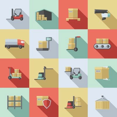 Warehouse flat icons set with cargo transportation delivery supply isolated vector illustration