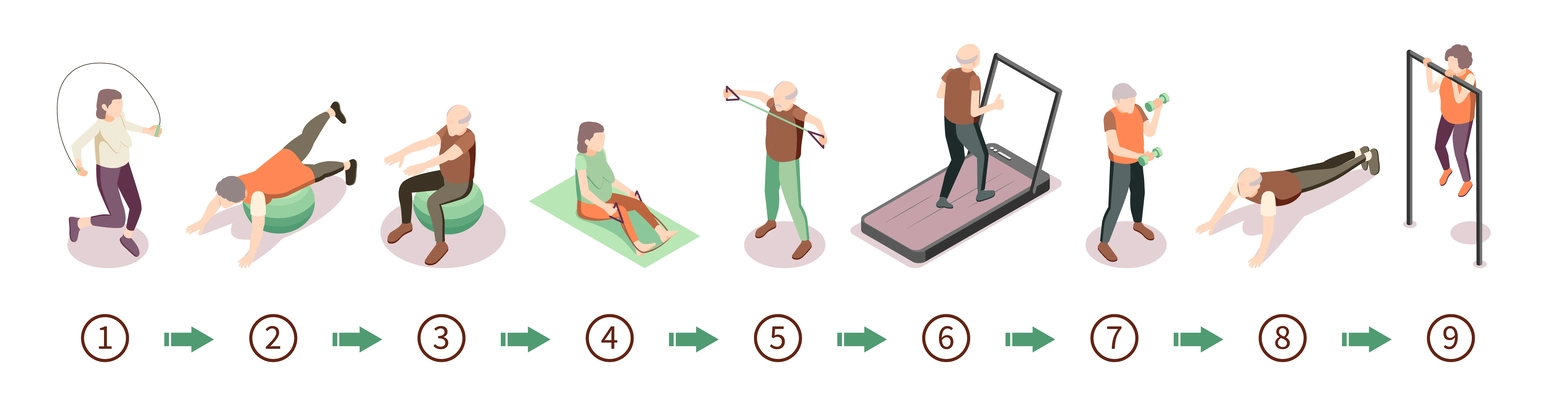 Old people fitness concept with sports symbols isometric isolated vector illustration