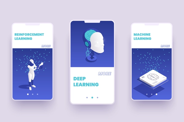 Machine learning deep learning isometric set of vertical compositions with page switch buttons text and images vector illustration