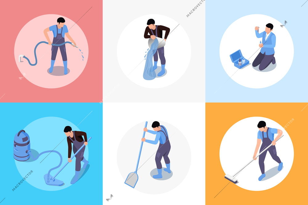 Swimming pool maintenance service isometric round compositions set with characters of workers with pool cleaning tools vector illustration