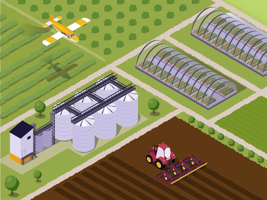 Agricultural isometric background depicting fragment of farm landscape with machinery airplane grain elevator and greenhouses vector illustration