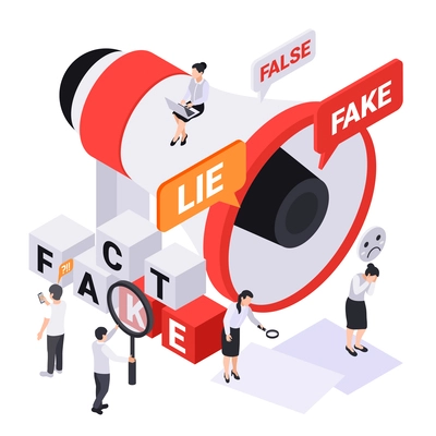 Fake news disinformation propaganda isometric composition with big lougspeaker chat bubbles cubic letters and human characters vector illustration