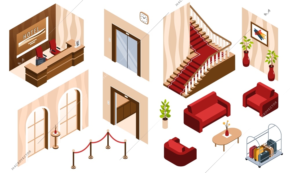 Isometric hotel lobby reception set with isolated icons of furniture walls of waiting and reception zones vector illustration