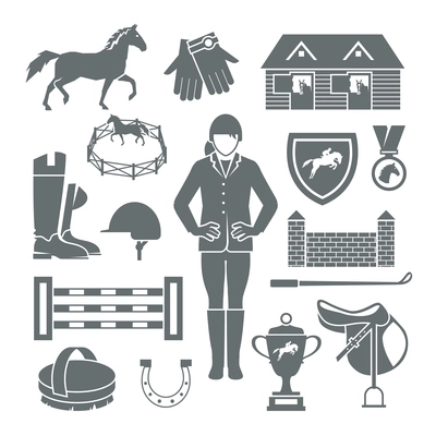 Jockey icons black set with horseshoe saddle medal barrier isolated vector illustration