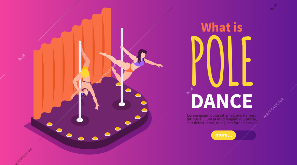 Pole dance isometric horizontal banner with two artists performing on stage 3d vector illustration