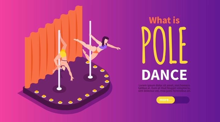 Pole dance isometric horizontal banner with two artists performing on stage 3d vector illustration