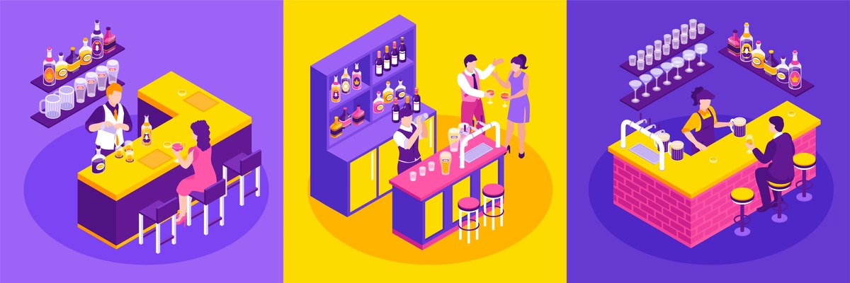 Barman isometric design concept with bartenders serving customers and making cocktails isolated 3d vector illustration