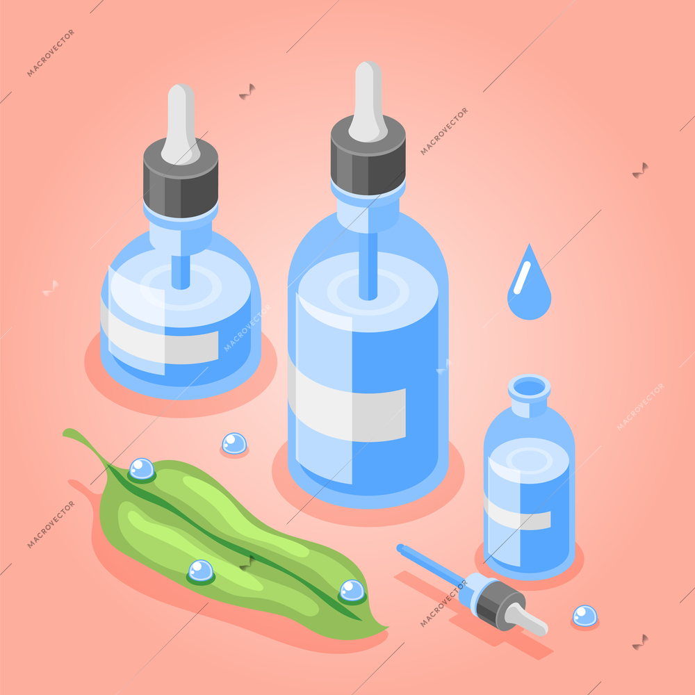 Hyaluronic acid isometric background composition with green leaf and set of transparent vials filled with liquid vector illustration