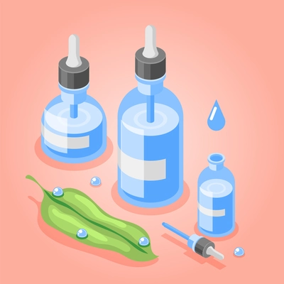 Hyaluronic acid isometric background composition with green leaf and set of transparent vials filled with liquid vector illustration