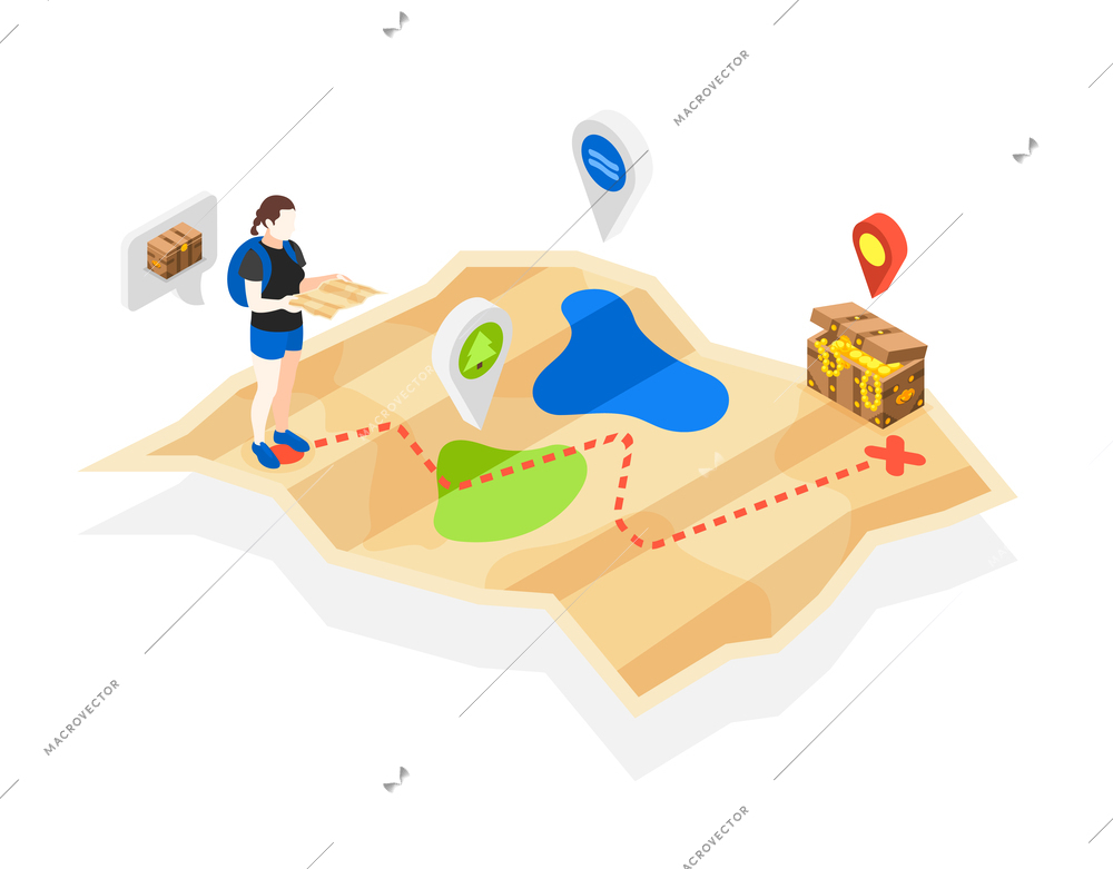 Treasure quest isometric composition with folding paper map location signs and human character with thought bubble vector illustration