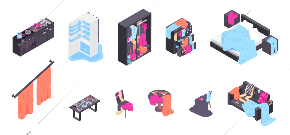 Messy room isometric icons set with interior and furniture disorder symbols isolated vector illustration
