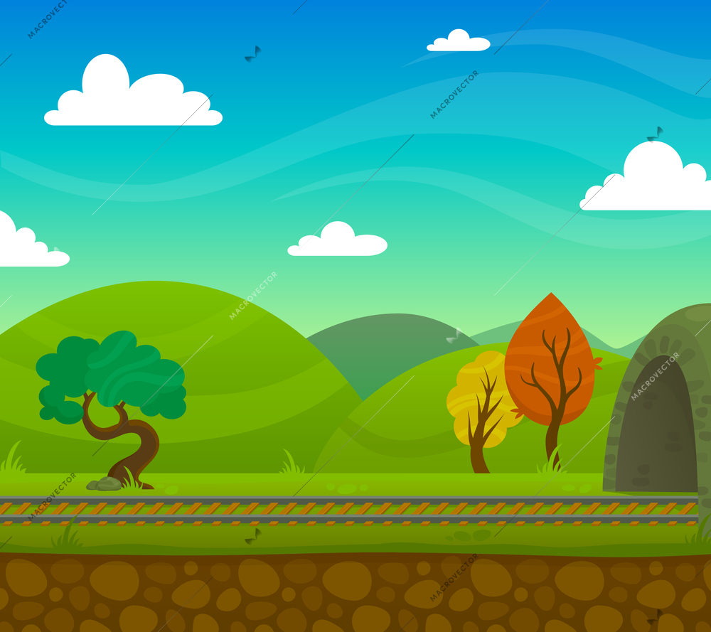 Countryside railway landscape with roadway and hills on background flat vector illustration