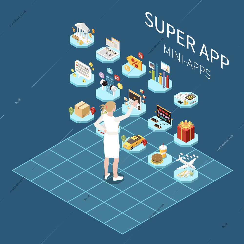Superapp isometric concept with women choosing between different applications vector illustration