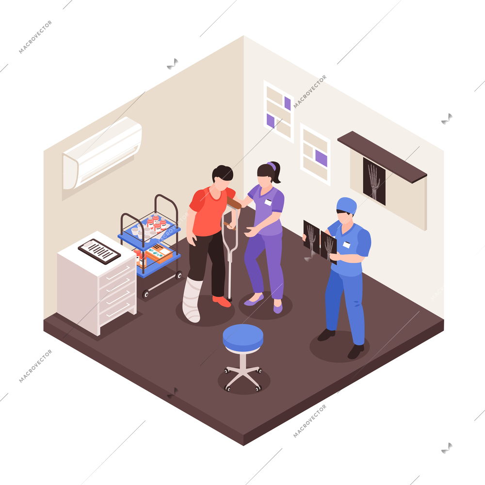 Isometric injury traumatologist isolated composition with indoor view of hospital with doctors and patient on crutches vector illustration