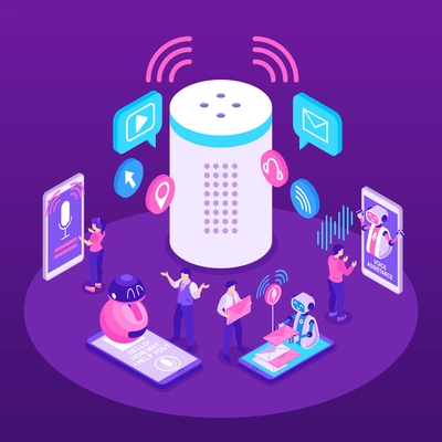 Voice assistance background with smart speaker and people communicating by voice messages isometric vector illustration