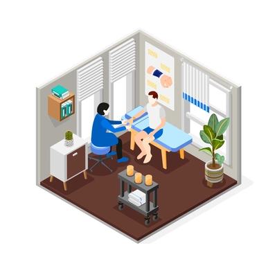 Doctor applying elastic bandage to injured wrist of male patient isometric composition 3d vector illustration