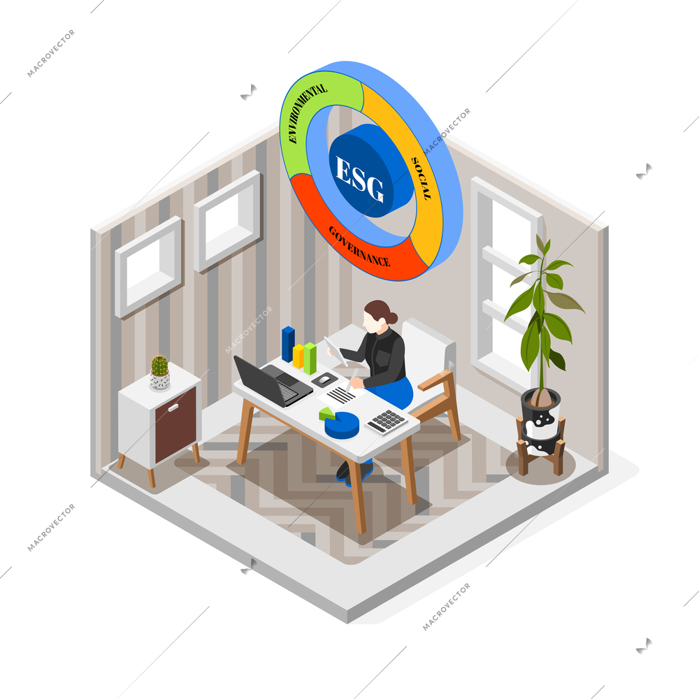 Isometric concept of esg environmental social governance with company manager working in office 3d vector illustration