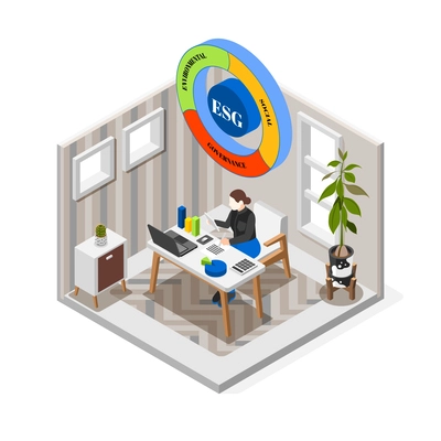 Isometric concept of esg environmental social governance with company manager working in office 3d vector illustration