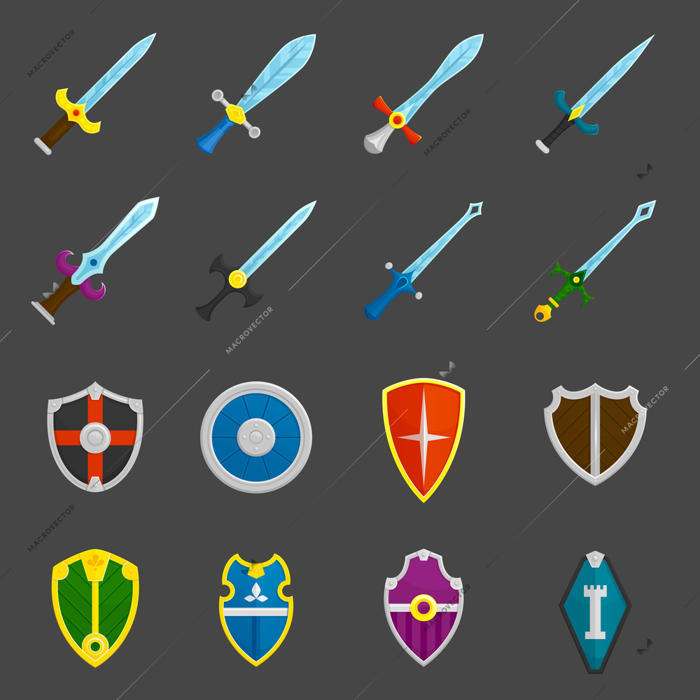 Antique weapon color icons set with heraldic battle shields and crusader knights swords abstract isolated vector illustration