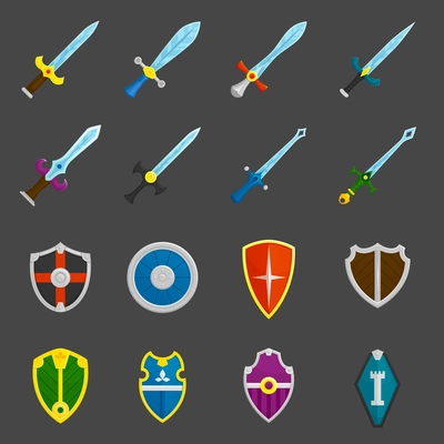 Antique weapon color icons set with heraldic battle shields and crusader knights swords abstract isolated vector illustration