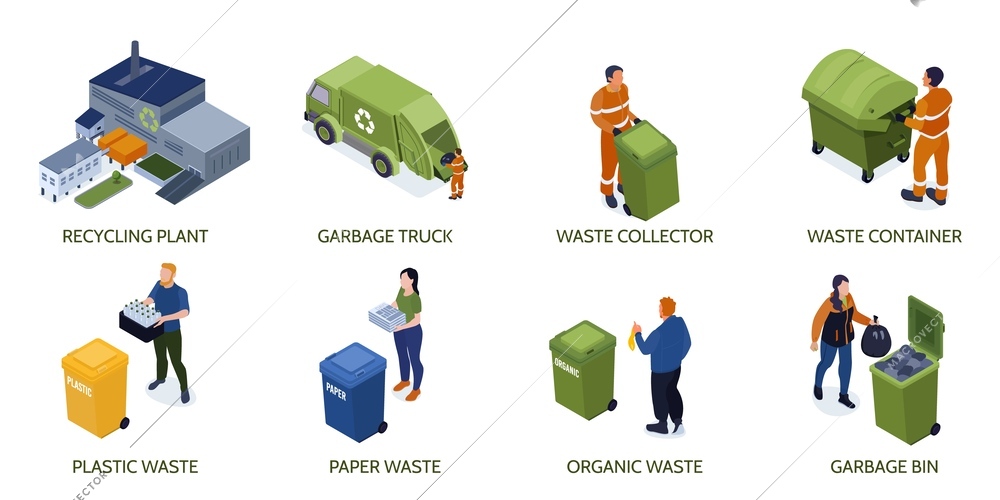 Isometric recycling compositions set with isolated views of plant building and people separating and collecting garbage vector illustration